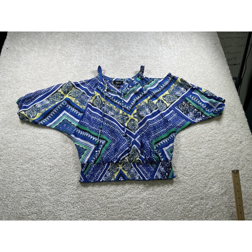 IZ Byer Blouse Womens Small Blue Green Boho Batwing Top Paisley Geometric Print